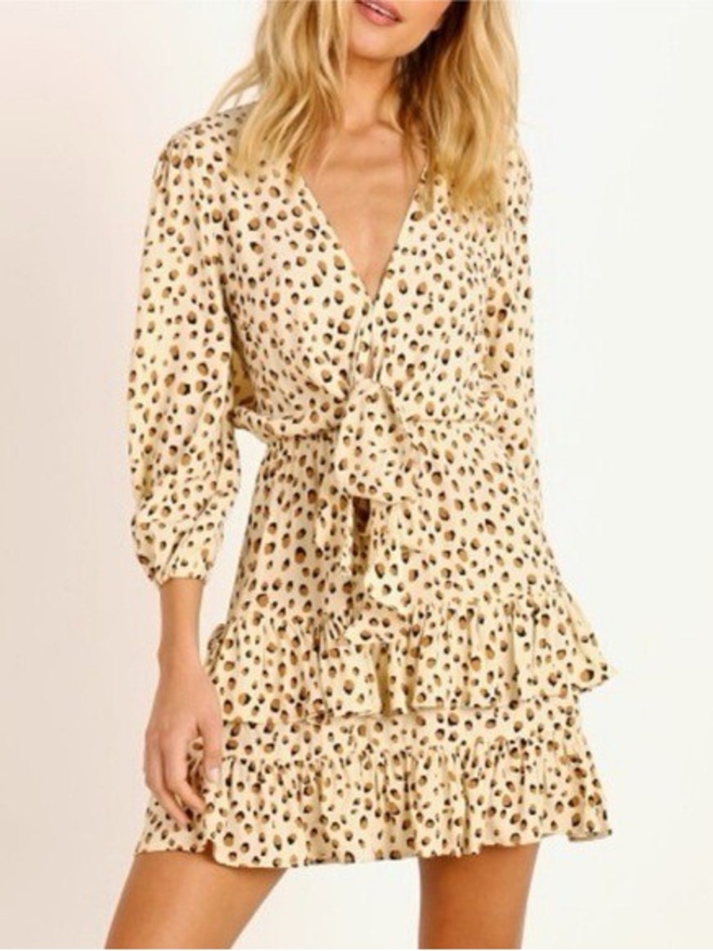 Kivari Valentina Tie Front Mini Dress Cream Leopard Animal Print Size XS - Picture 2 of 7